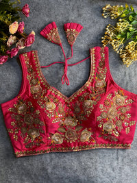 Dark Pink Sequins & Codding Thread Work Soft Silk Blouse