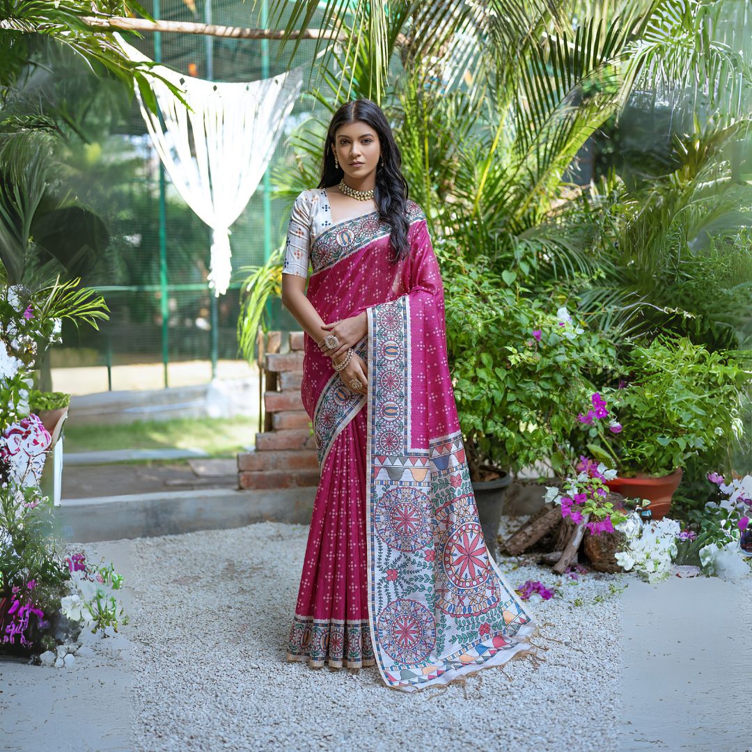 A woman models a vibrant Dark Pink Tussar Silk Saree with small scattered prints. The pallu features a wide, elaborate panel with intricate Madhubani-style folk art prints in white, red, pink, and green. She wears a cream/gold embellished blouse and a gold Kundan choker necklace.