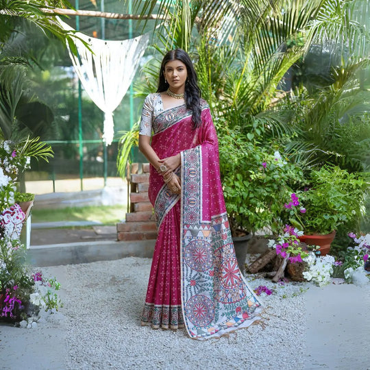 A woman models a vibrant Dark Pink Tussar Silk Saree with small scattered prints. The pallu features a wide, elaborate panel with intricate Madhubani-style folk art prints in white, red, pink, and green. She wears a cream/gold embellished blouse and a gold Kundan choker necklace.