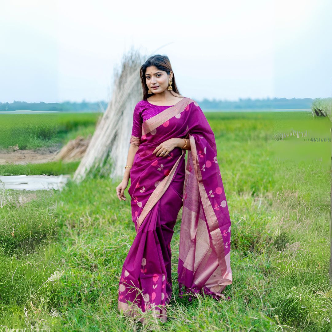 Magenta Warli Weaving Soft Banglori Raw Silk Saree featuring intricate handloom craftsmanship, ideal for reception, sangeet, and festive occasions.
