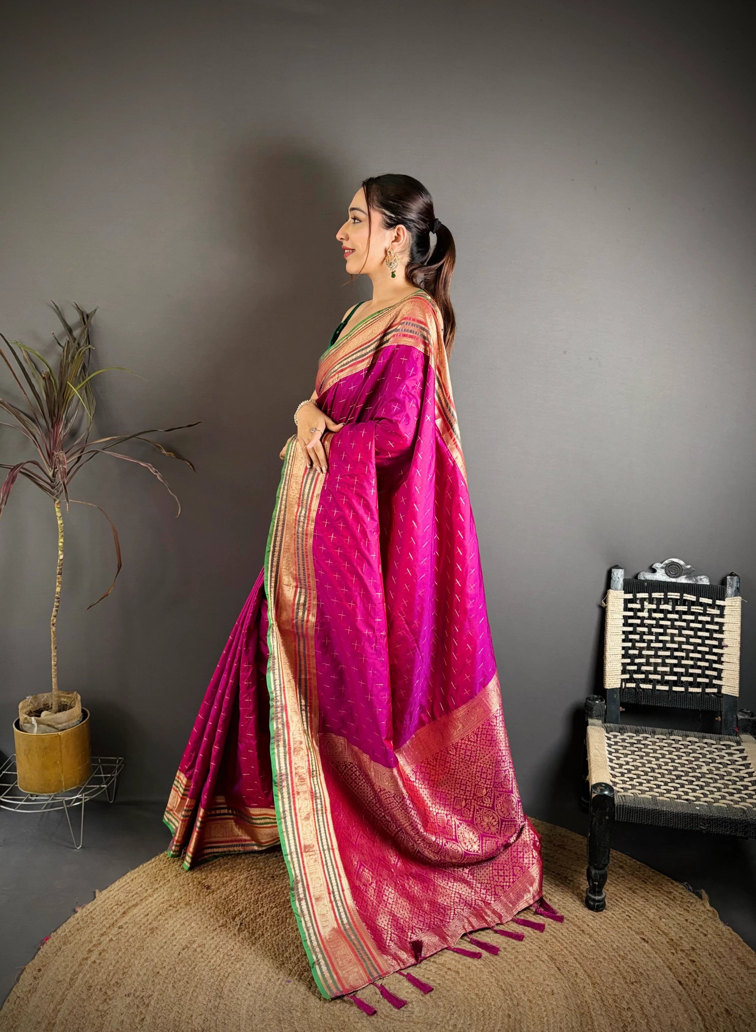 Magenta Zari Weaving Saree three-quarter view – KS373