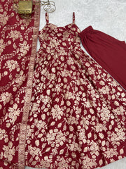 Maroon Banarasi jacquard suit with dupatta border and straight pant flat lay