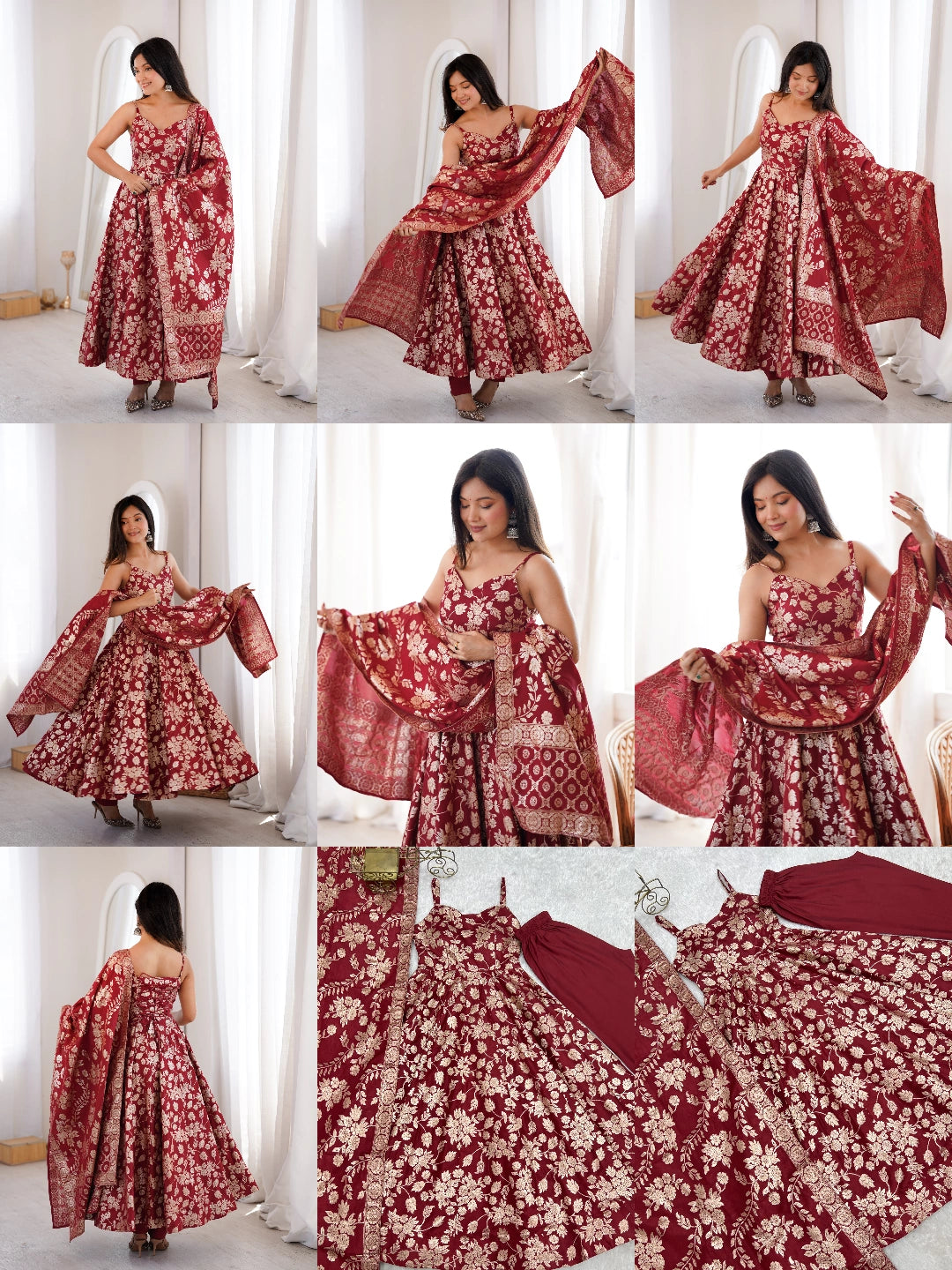 Maroon Banarasi Jacquard suit multiple angle collage