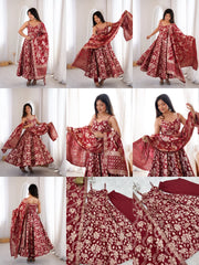 Maroon Banarasi Jacquard suit multiple angle collage