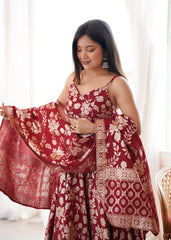 Maroon Banarasi Jacquard suit with sweetheart neckline and matching dupatta