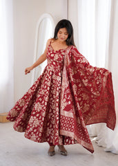 Maroon Dola silk blend Anarkali suit flare in motion