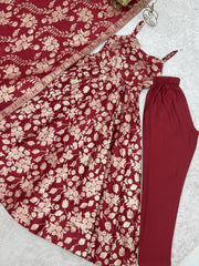 Maroon Banarasi Jacquard Anarkali suit flat lay with straight pant
