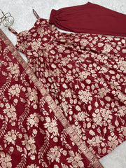Flat lay of maroon Banarasi jacquard Anarkali suit with zari border