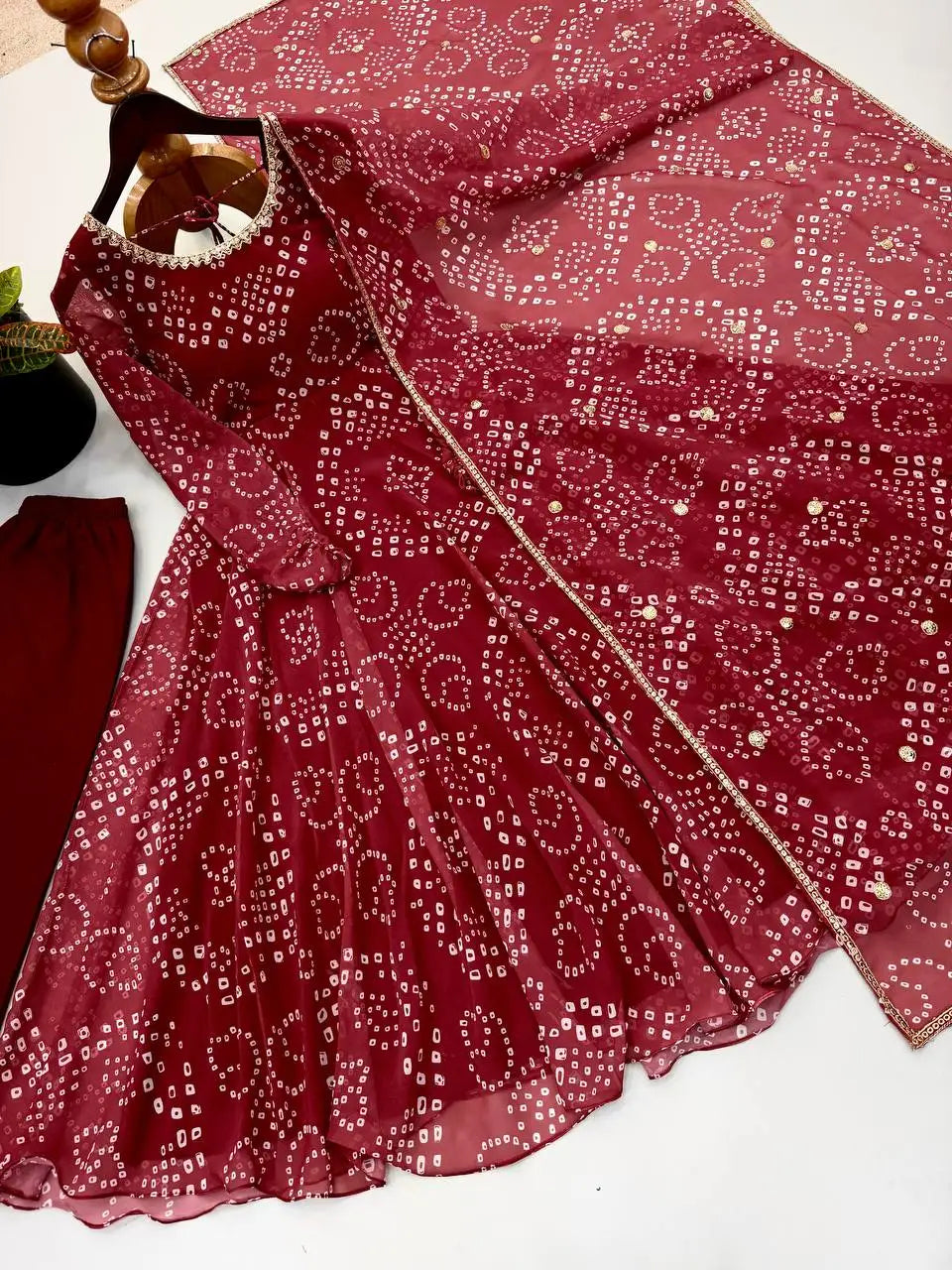 Maroon Faux Georgette Bandhani Suit KU258 dupatta sequin zari border