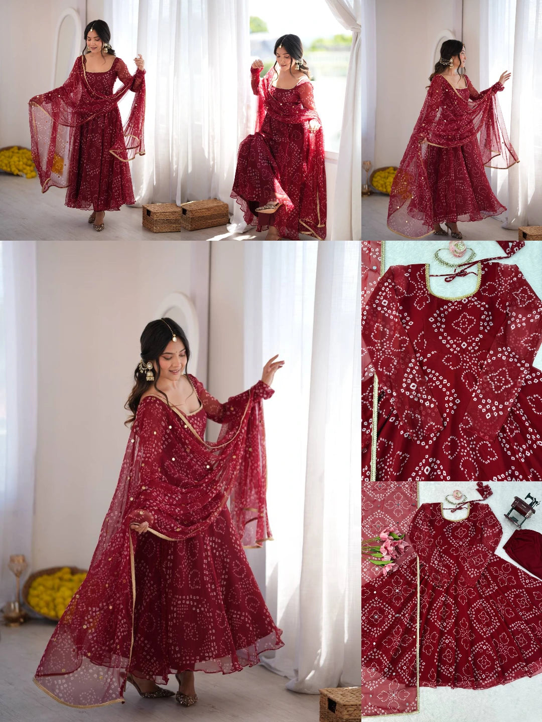 Maroon Bandhani Print Suit Kalyanja KU258 all angles collage