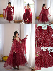 Maroon Bandhani Print Suit Kalyanja KU258 all angles collage