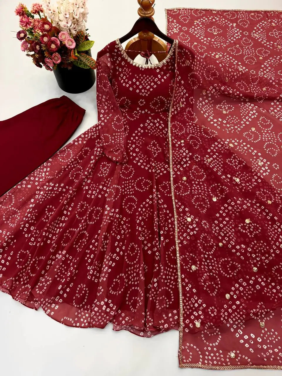 Maroon Bandhani Print Suit KU258 flat lay straight pant dupatta flowers