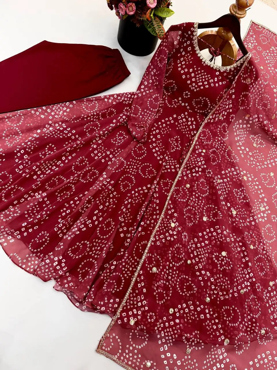 Maroon Bandhani Print Suit Straight Pant Dupatta KU258 flat lay complete set