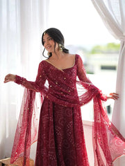 Maroon Bandhani Print Suit Straight Pant KU258 front view A-line full sleeve