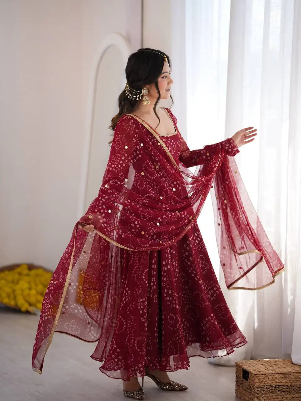 Maroon Bandhani Print Suit Kalyanja KU258 model side pose dupatta flowing