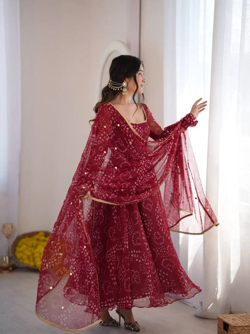 Maroon Faux Georgette Bandhani Suit KU258 A-line flair dynamic shot