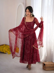 Maroon Bandhani Suit Kalyanja KU258 model anarkali silhouette side angle