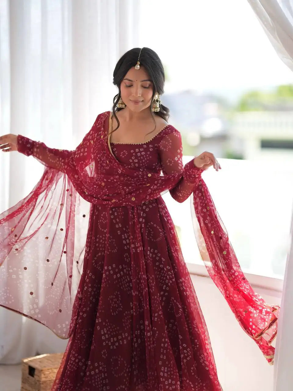 Maroon Bandhani Print Suit KU258 model with dupatta Navratri look