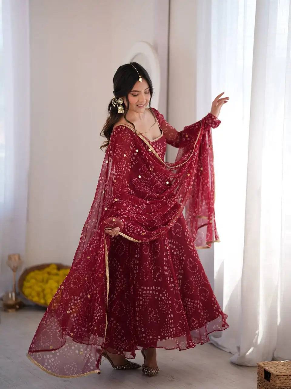 Maroon Bandhani Suit Kalyanja KU258 model close-up upper body sequin detail