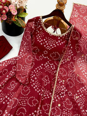 Maroon Bandhani Print Suit KU258 flat lay Bandhani booti detail