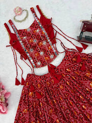 Maroon Digital Print Mirror Lehenga Choli Flat Lay Detail – KL204 – Kalyanja