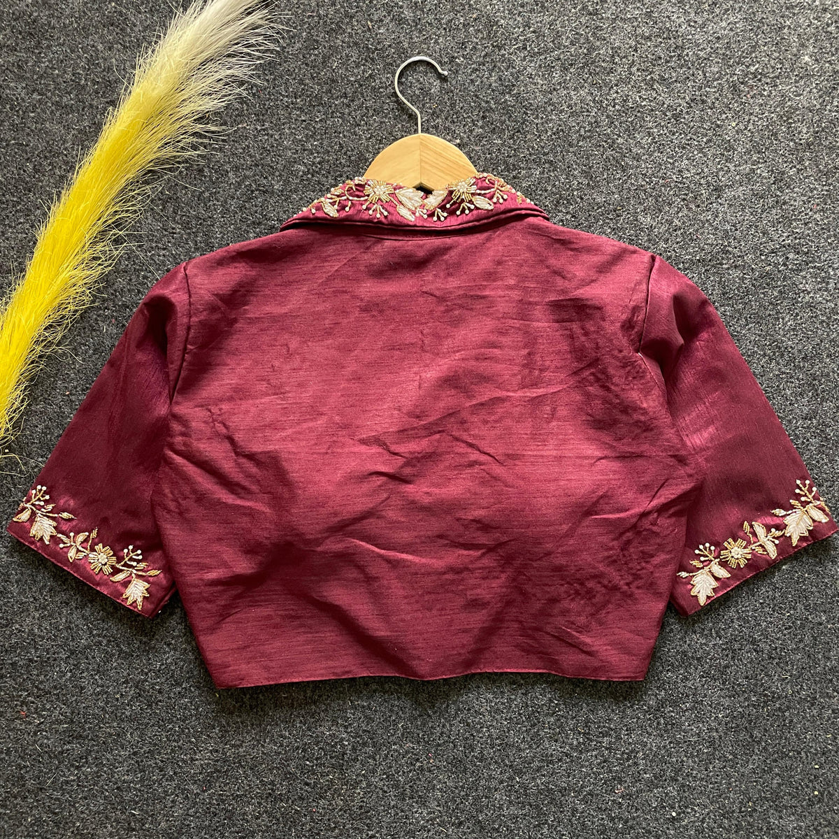 Maroon embroidery work Banglori silk blouse with intricate design, ideal for reception, sangeet, and festive celebrations.