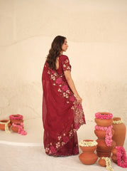 Maroon Floral Embroidered Silk Saree Scallop Border - Front Drape - Kalyanja KS163
