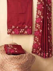 Maroon Floral Embroidered Silk Saree - Embroidery Detail - Kalyanja KS163