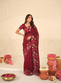 Maroon Floral Embroidered Saree – Thread Work Silk