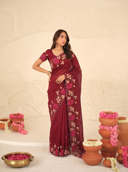 Maroon Floral Embroidered Silk Saree - Pallu View - Kalyanja KS163