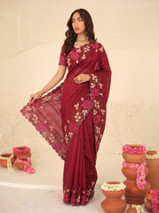 Maroon Floral Embroidered Silk Saree - Border Close-up - Kalyanja KS163