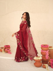 Maroon Floral Embroidered Silk Saree - Flat Lay - Kalyanja KS163
