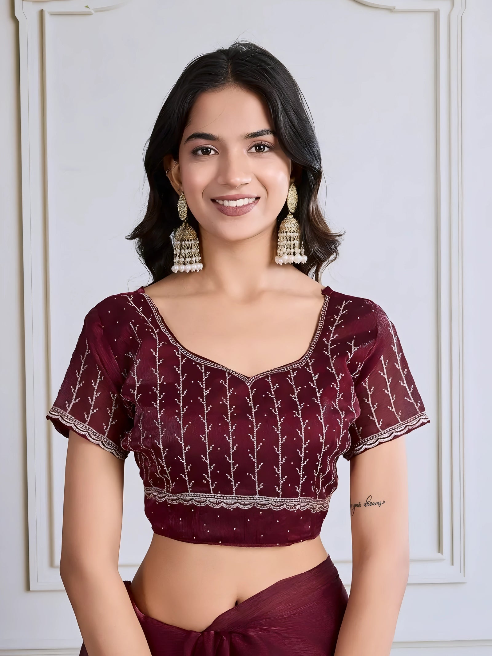 Maroon Swarovski & Embroidery Work Fendy Chiffon Silk