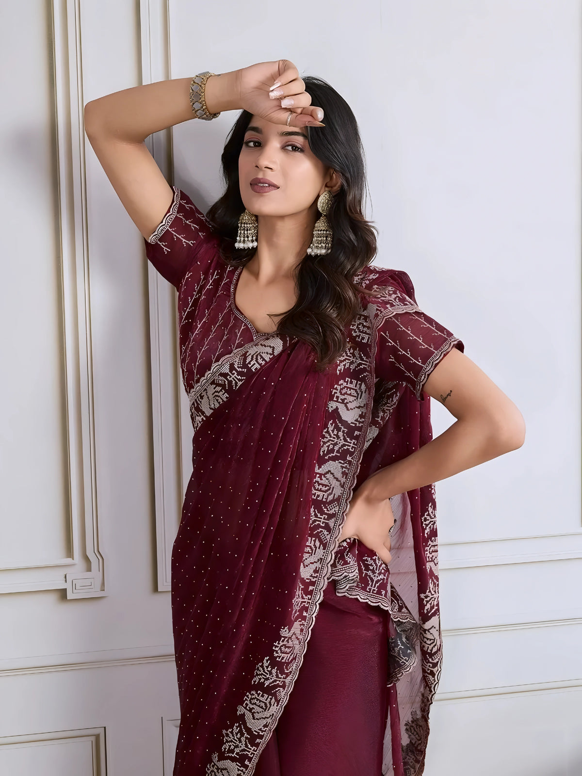 Maroon Georgette Saree Sequin Border Classic