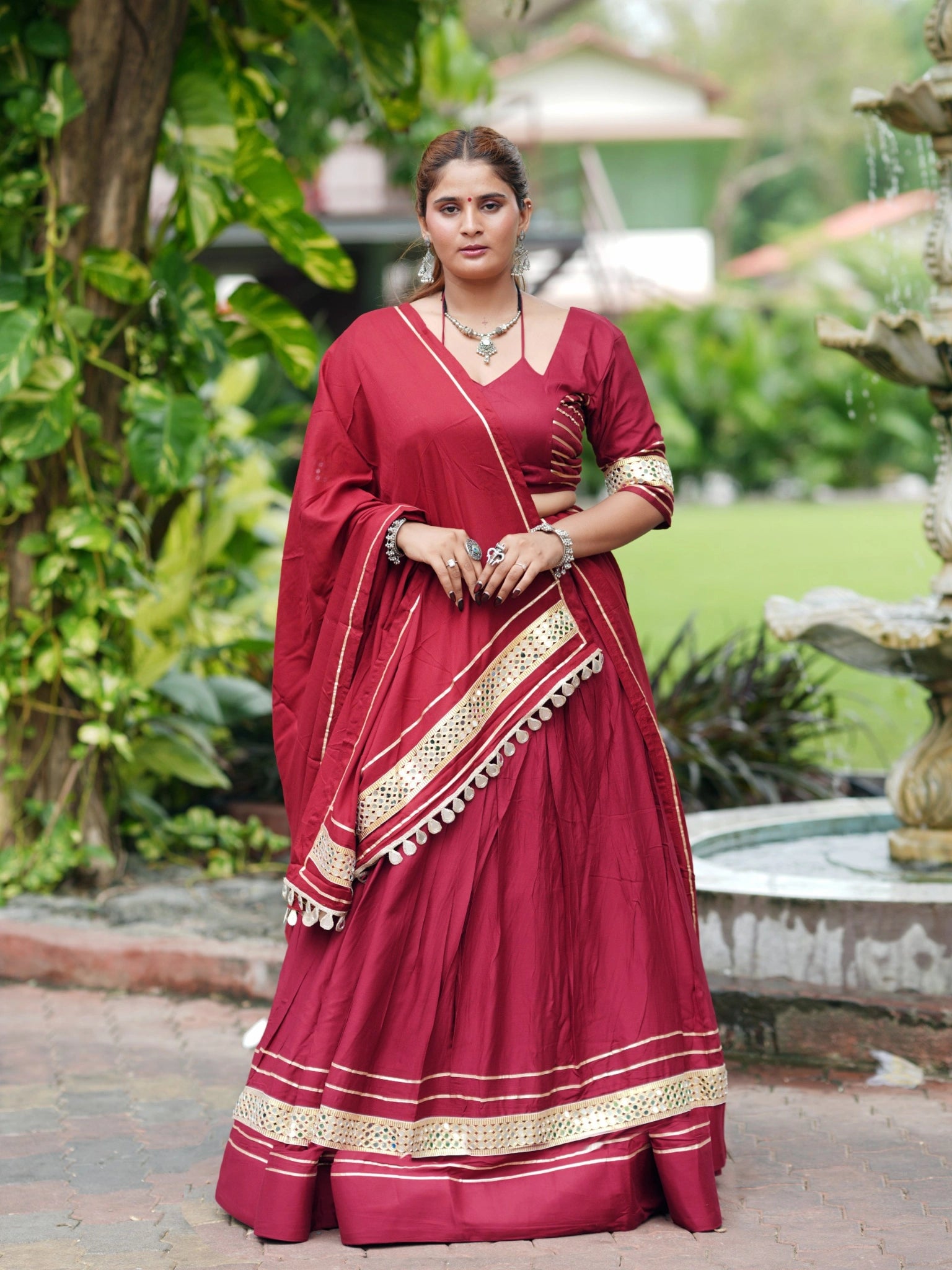 Maroon Gota Patti Mirror Lace Work Lehenga Full Length Front View – KL197 – Kalyanja