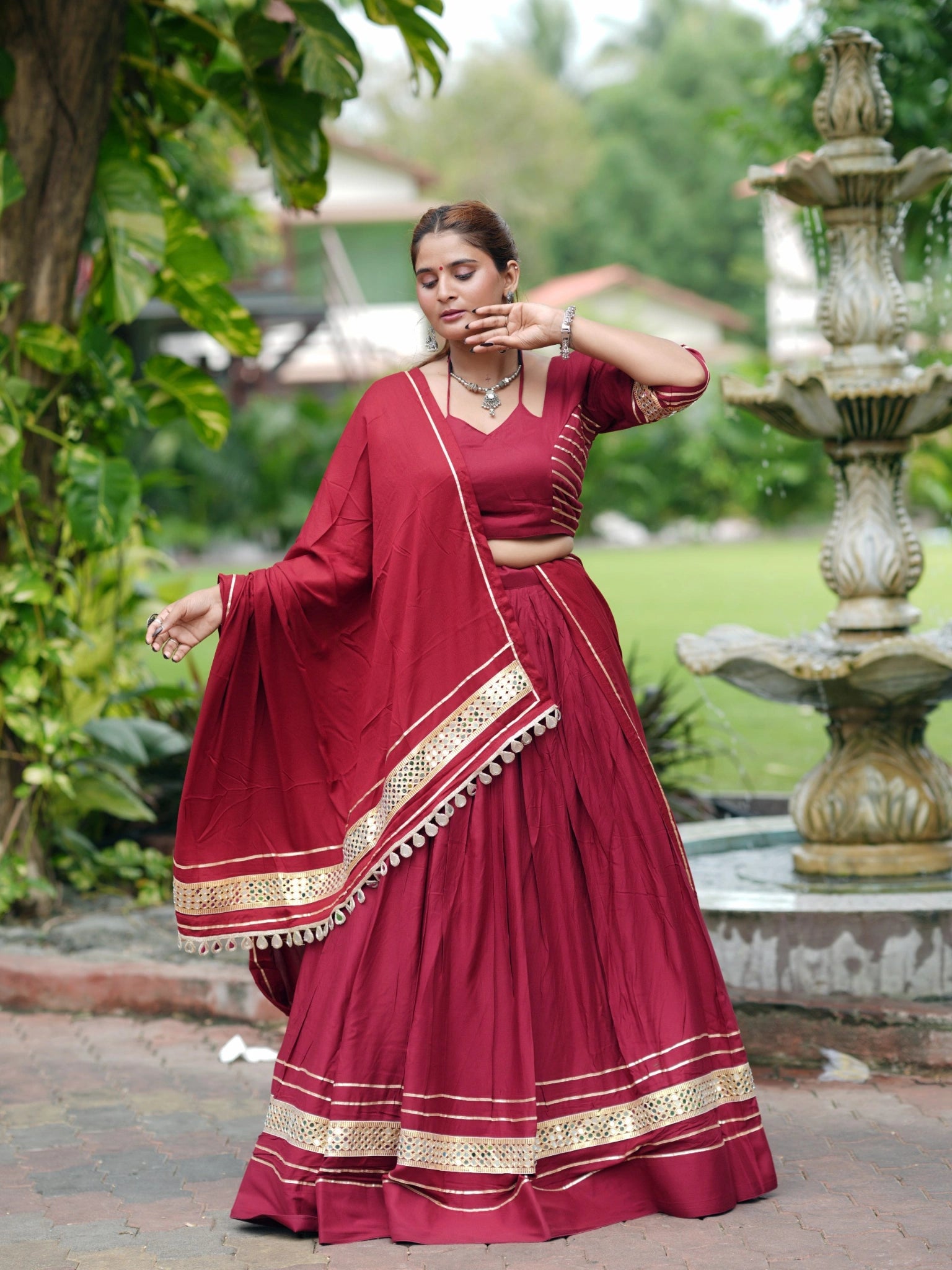 Maroon Gota Patti Lehenga Front View with Dupatta – KL197 – Kalyanja
