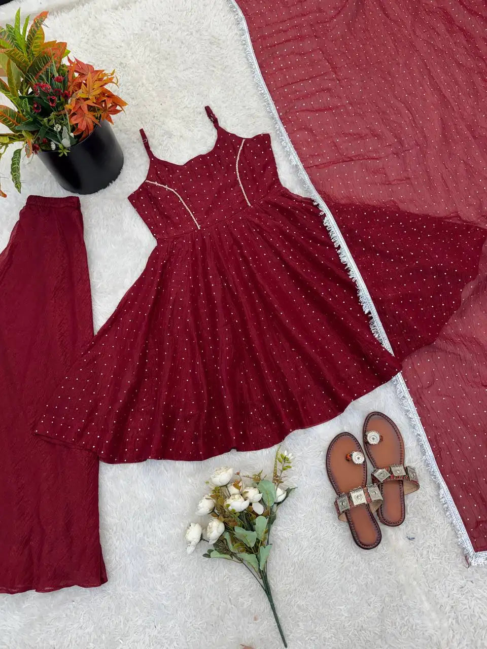 Maroon Crunchy Silk Suit KU257 flat lay complete set top view