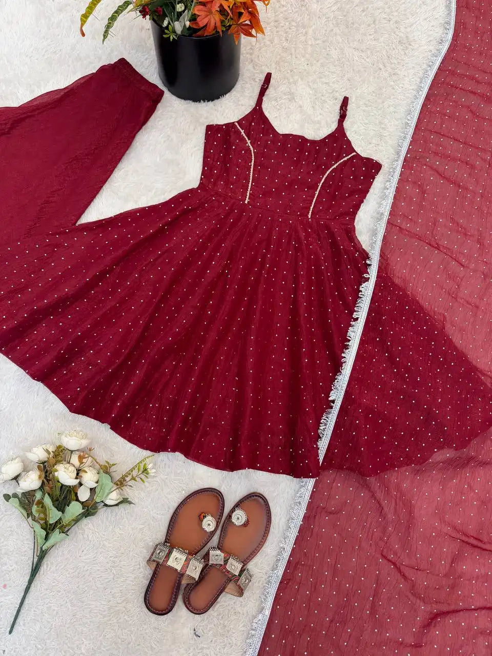 Maroon Jharkhand Work Suit Sharara Dupatta KU257 flat lay display