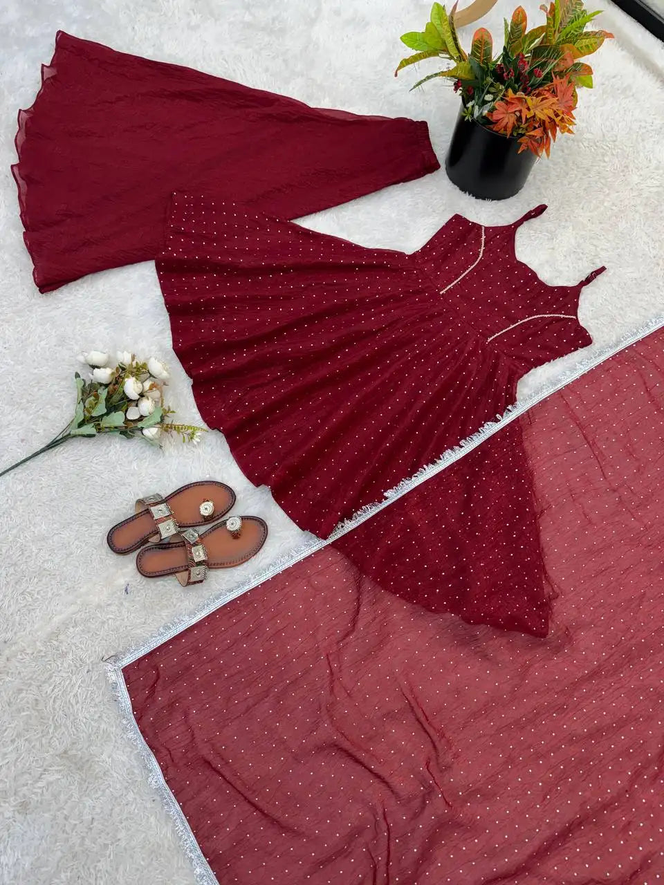 Maroon Crunchy Silk Sharara Suit KU257 flat lay full set