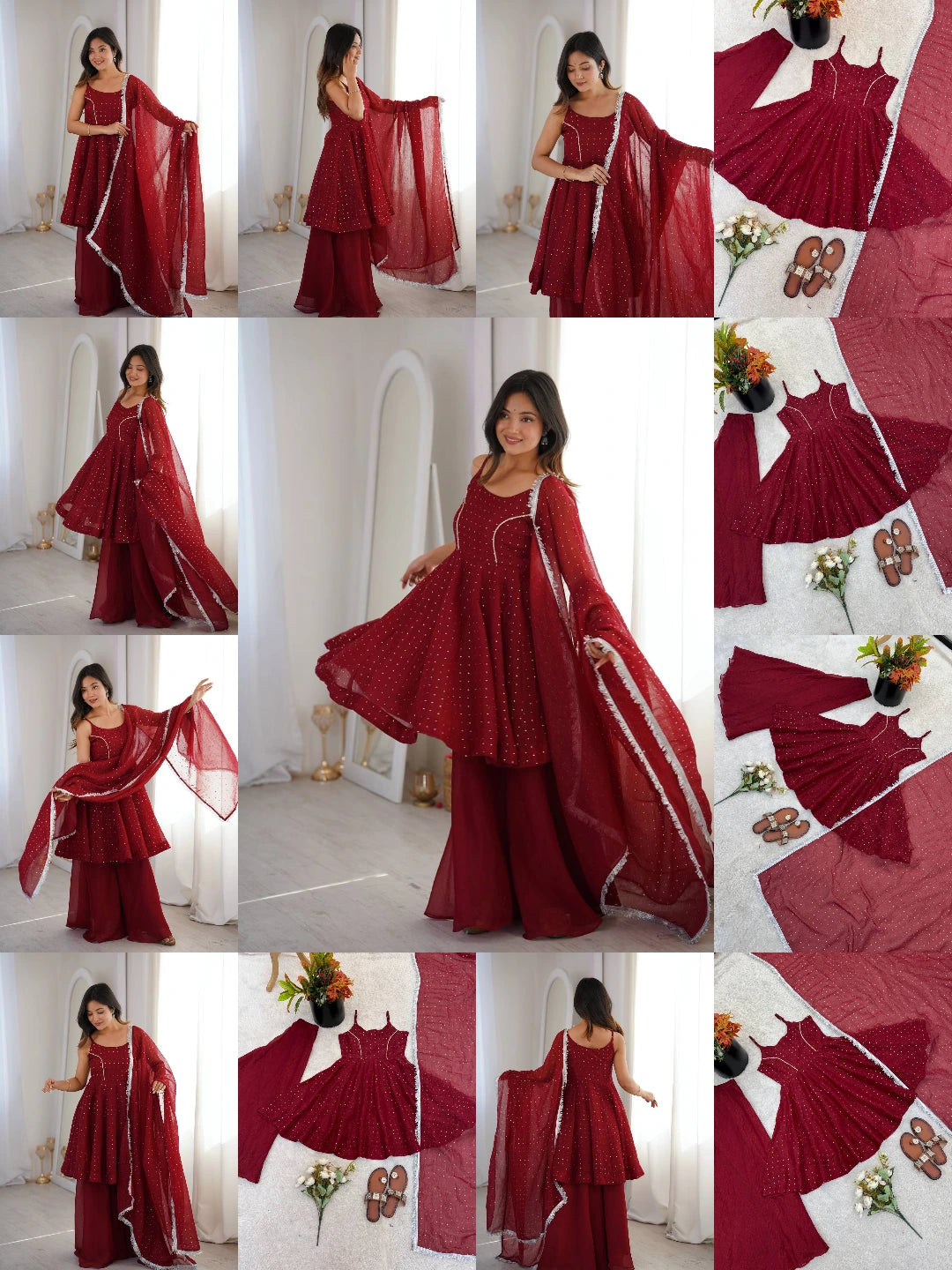 Maroon Jharkhand Work Sharara Suit Kalyanja KU257 all angles collage