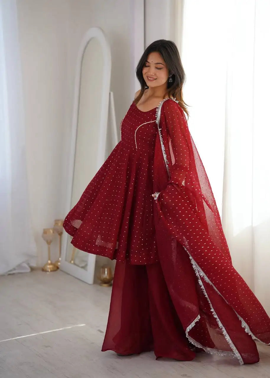 Maroon Crunchy Silk Blend Suit KU257 model A-line pose