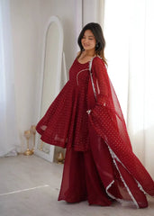 Maroon Crunchy Silk Blend Suit KU257 model A-line pose