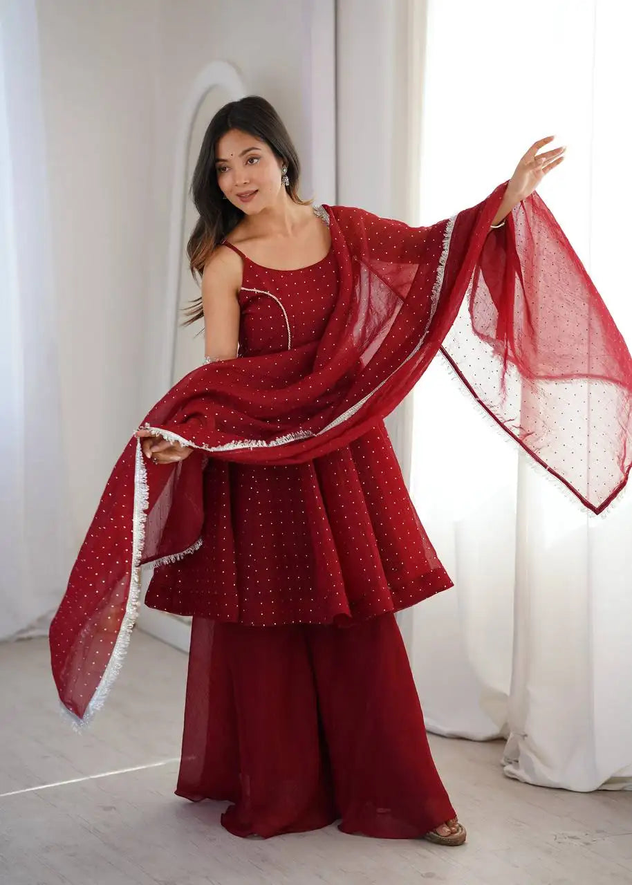 Maroon Jharkhand Work Sharara Suit KU257 full length model