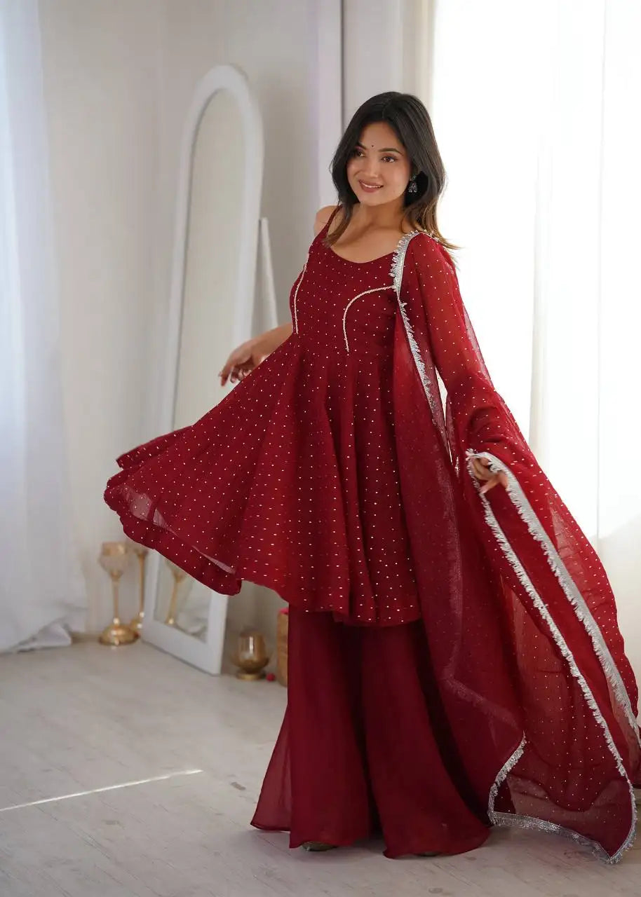 Maroon Jharkhand Work Suit KU257 model side pose with dupatta