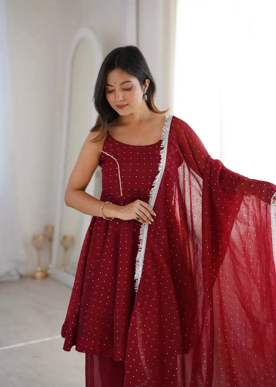 Maroon Jharkhand Work Suit KU257 model candid flair shot