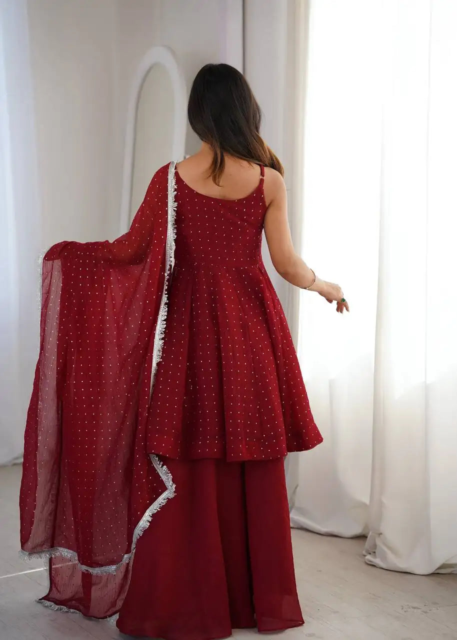 Maroon Jharkhand Work Suit KU257 model with dupatta draped