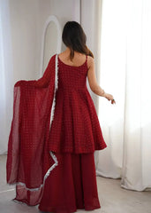 Maroon Jharkhand Work Suit KU257 model with dupatta draped