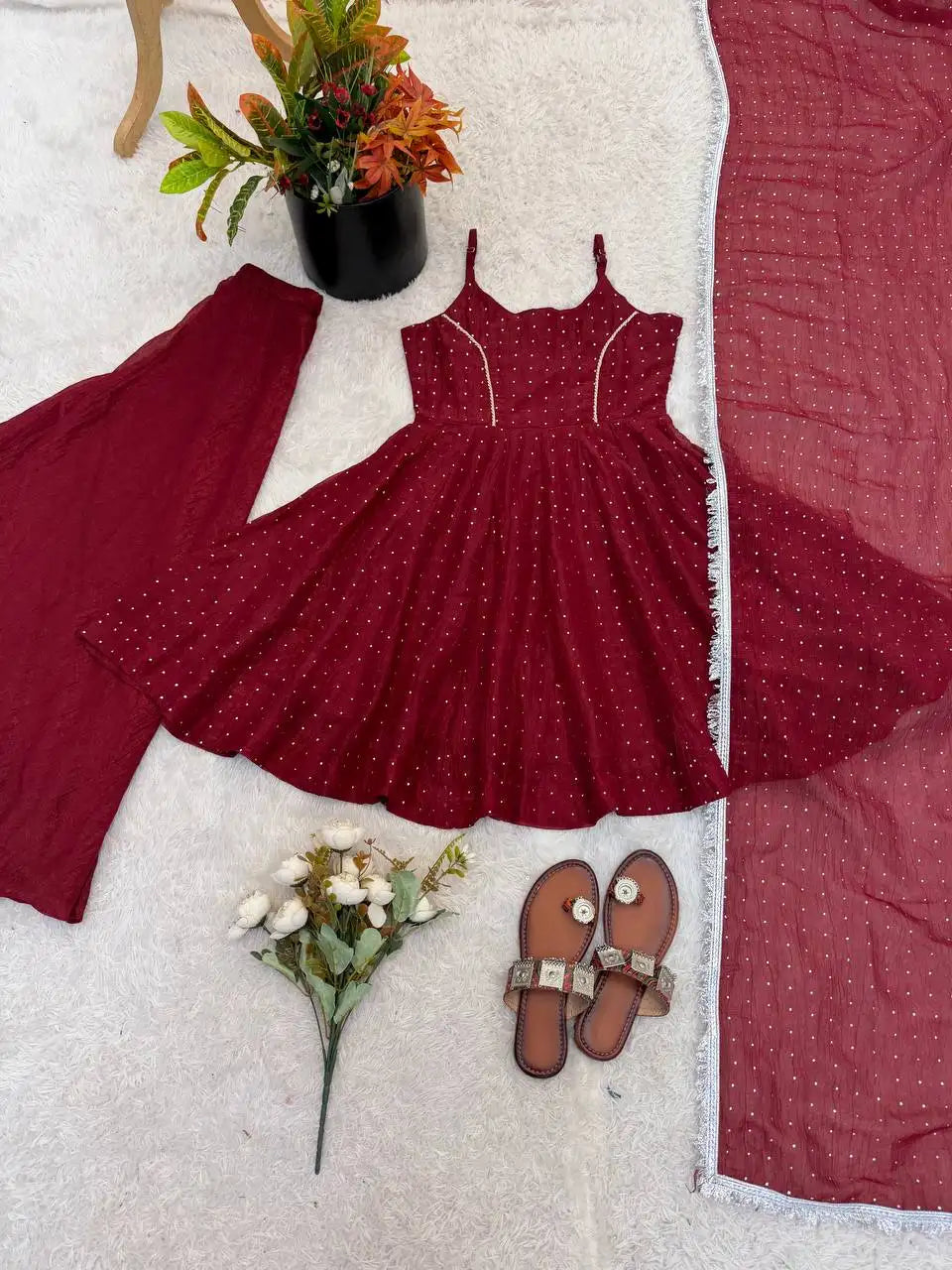 Maroon Jharkhand Work Sharara Suit KU257 flat lay view
