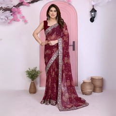 Maroon Rajwadi Bandhej Print with Heavy Embroidery Work Georgette Saree