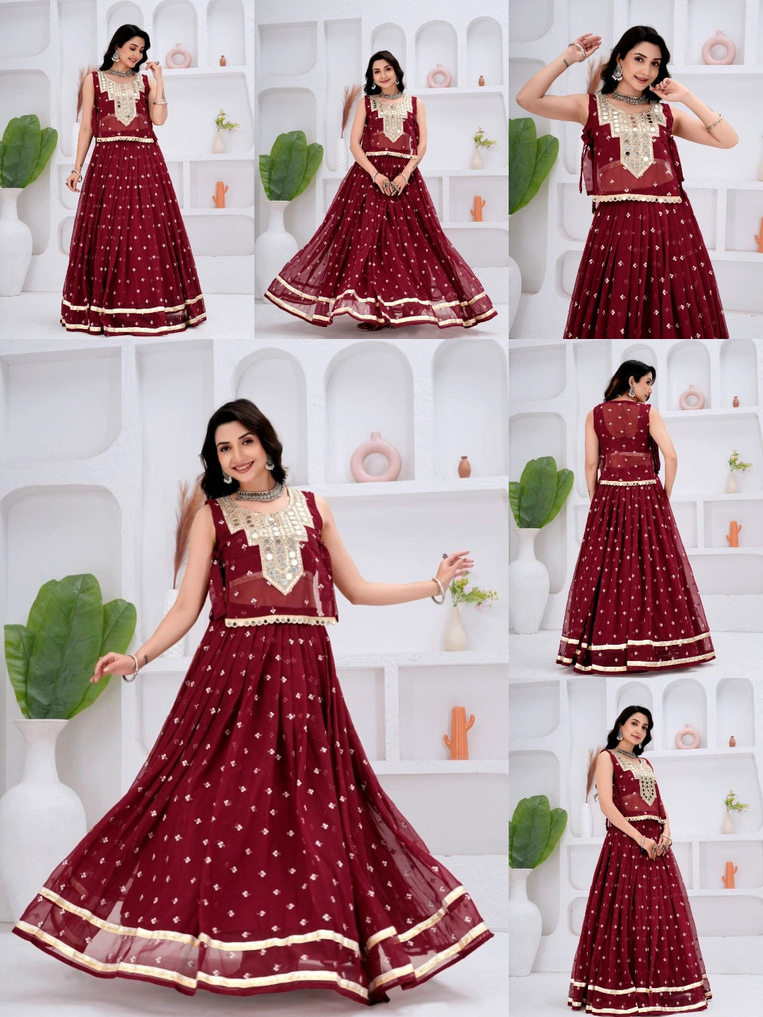 Maroon Mirror & Motif Work Lehenga All Angles Collage – KL196 – Kalyanja